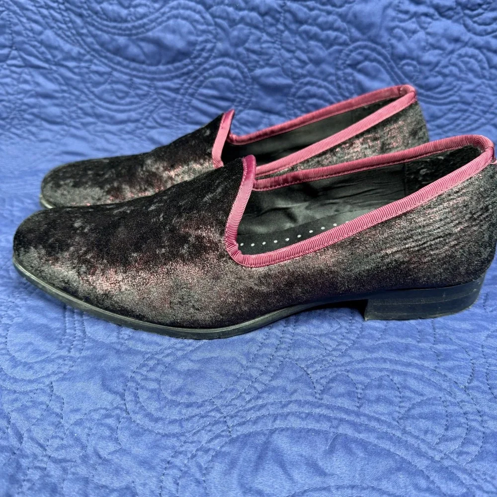 Stacy‎ Adams Mens Crushed Velvet Loafers Black Burgundy Slip On Size 9.5M NICE